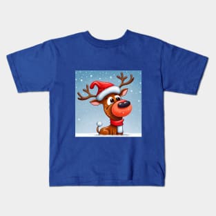 Christmas Reindeer with Santa Hat is standing in deep snow. Kids T-Shirt